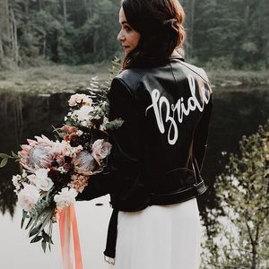 Hand painted faux leather Bride biker jacket